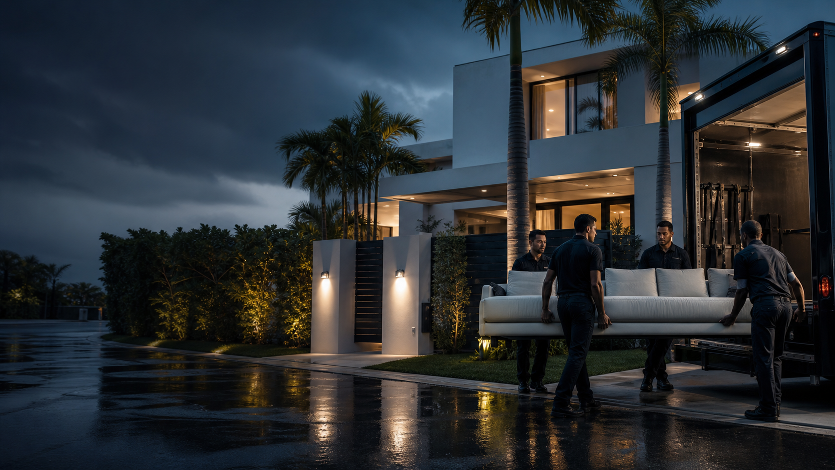 Amicus Group moving crew carefully loading a sofa outside a Miami home